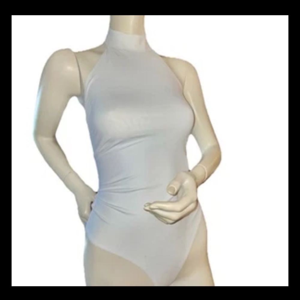 Zara Sleek White Ruched Bodysuit With High Halter Neck w Buttons Size XS